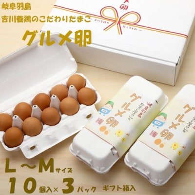 吉川養鶏のグルメ卵(L～Mサイズ10個×3パック)　贈答箱　観光協会推奨【はしまブランド】認定品　