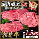 飛騨牛　厳選焼肉3種(肩ロース・カルビ・赤身)1.5kg(各500g)