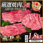 飛騨牛　厳選焼肉3種(肩ロース・カルビ・赤身)　計1.8kg(各600g)　黒毛和牛　小分け