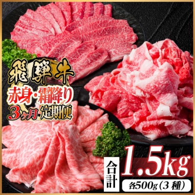 【毎月定期便】飛騨牛 赤身・霜降り定期便 計1.5kg　焼肉 BBQ すき焼き しゃぶしゃぶ全3回