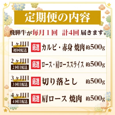 【毎月定期便】飛騨牛　赤身・霜降り定期便　計2kg カルビ・赤身・ロース(焼肉・BBQ用)全4回