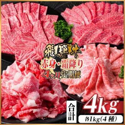 【毎月定期便】飛騨牛　赤身・霜降り定期便　計4kg カルビ・赤身・ロース(焼肉・BBQ用)全4回