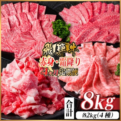 【毎月定期便】飛騨牛　赤身・霜降り定期便　計8kg  カルビ・赤身・ロース(焼肉・BBQ用)全4回
