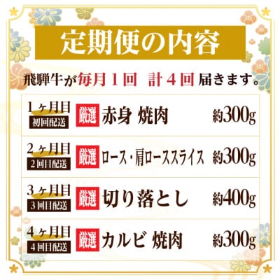 【毎月定期便】飛騨牛　厳選少なめ定期便　計1.3kg　カルビ・赤身(焼肉・BBQ用)ロース全4回