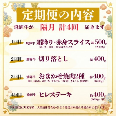 【2ヵ月毎定期便】飛騨牛 特選少なめ定期便  計1.7kg全4回