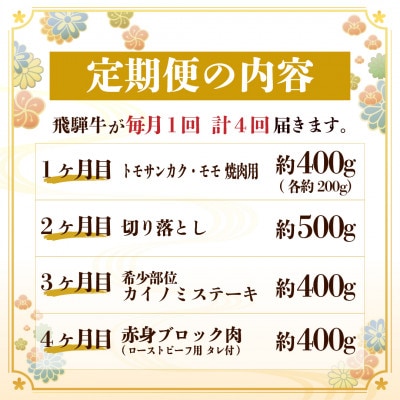 【毎月定期便】飛騨牛 定期便 計1.7kg【冷蔵便】全4回
