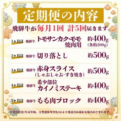 【毎月定期便】飛騨牛 定期便 計2.2kg 全5回