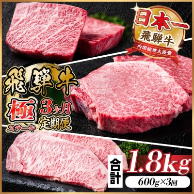 【毎月定期便】飛騨牛 極ステーキ定期便　計約1.8kg【冷蔵便】全3回