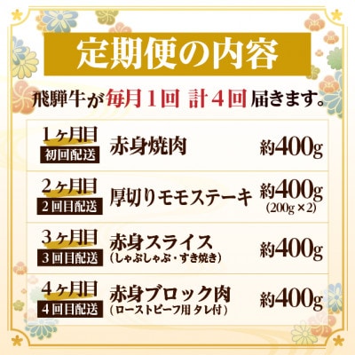 【毎月定期便】飛騨牛 赤身定期便 計1.6kg 焼肉 BBQ すき焼き しゃぶしゃぶ ブロック全4回