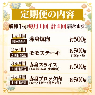 【毎月定期便】飛騨牛 赤身定期便 計2kg 焼肉 BBQ すき焼き しゃぶしゃぶ ブロック全4回