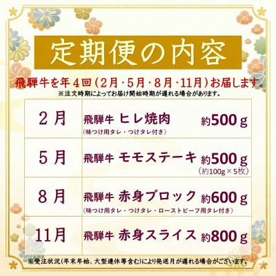 【発送月固定定期便】飛騨牛 赤身定期便 計2.4kg ヒレ モモ ブロック 赤身スライス 冷蔵全4回