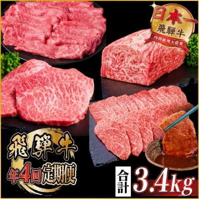 【発送月固定定期便】飛騨牛 赤身定期便 計3.4kg ヒレ モモ ブロック 赤身スライス 冷蔵全4回