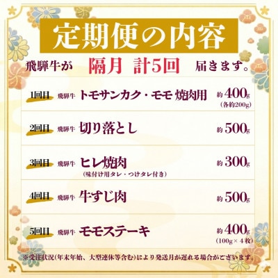 【2ヵ月毎定期便】飛騨牛少なめ定期便 計2.1kg【冷蔵便】A4～A5 BBQ・焼肉・ステーキ全5回