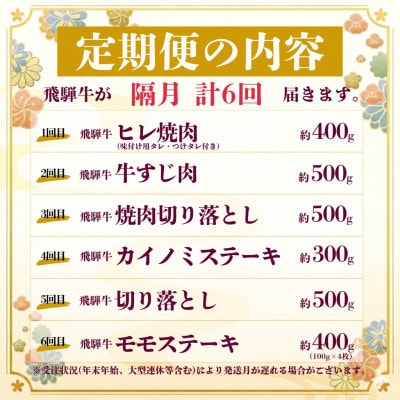 【2ヵ月毎定期便】飛騨牛少なめ定期便 計2.6kg【冷蔵便】カルビ  BBQ・焼肉・ステーキ全6回