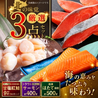 北の味覚海鮮3点セット 天然厚切り紅鮭3切×3パック サーモン400g ほたて500g 海鮮 