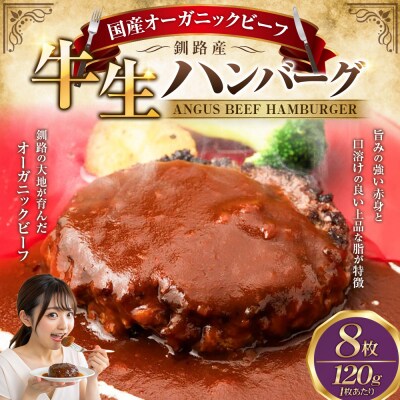 釧路生まれ、釧路育ちのオーガニックビーフ 生ハンバーグ120g×8枚 牛肉