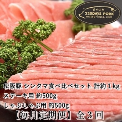 【毎月定期便】松阪豚 シンタマ 約1kg ブランド豚 食べ比べセット ステーキ しゃぶしゃぶ全3回