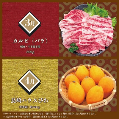 【発送月固定定期便】長崎和牛と旬のフルーツが楽しめる バラエティ定期便 ヒレ カルビ びわ全4回