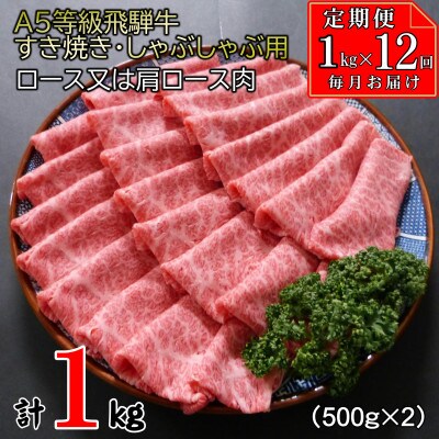 【毎月定期便】[A5等級]飛騨牛すき焼き・しゃぶしゃぶ用1kg(ロース・肩ロース肉)全12回