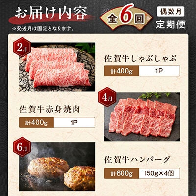 【発送月固定定期便】肉の定期便!厳選佐賀牛隔月お届け(偶数月)全6回