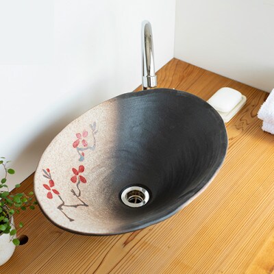 信楽焼・明山の赤絵付楕円手洗鉢(W40cm)　washbowl-10