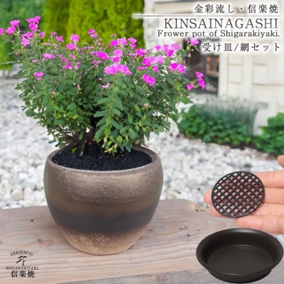 信楽焼 陶器製 植木鉢 受け皿&ネット付き 【金彩色】 sa-0337