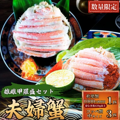 夫婦蟹 甲羅盛セット 松葉蟹 ほぐし身(大)※活き蟹(1000g級)とコッペがに(中サイズ3個)
