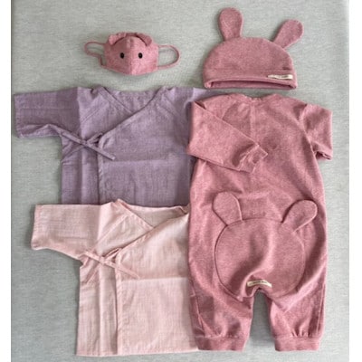 【女の子用】オーガニックコットン ベビー服 5点セット(ロンパース・帽子・肌着2点・マスク)