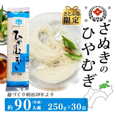 さとふる限定　合田照一商店 さぬきうどん店が作る ひやむぎ 乾麺タイプ約90人前 250g×30袋詰