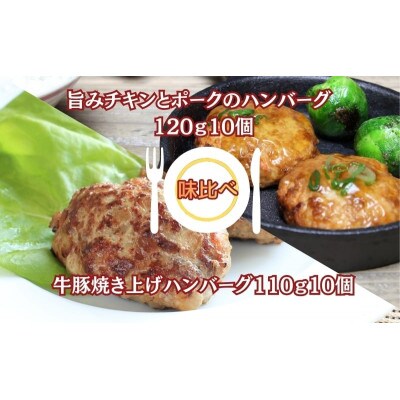 旨みチキンとポークのハンバーグ 120g10個と牛豚焼き上げハンバーグ110g10個(冷凍直送)