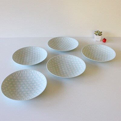 【波佐見焼】麻の葉シリーズ 21.5cm皿 L/青 5枚【Tomo's Factory】〈VA51〉