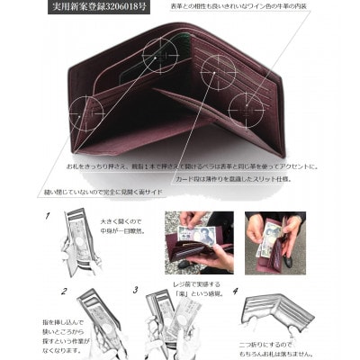 ASUMEDERUハンドメイド 「パッと見開きで使える札入れ」オレンジ<イタリア製牛革ドラーロ>