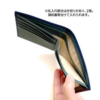 ASUMEDERU itakuraのハンドメイドイタリア製牛革ブッテーロ使用カード窓付き札入れブルー