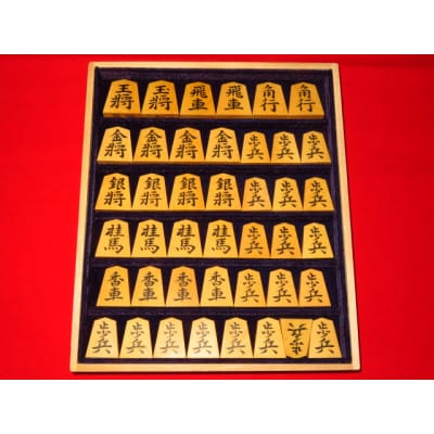 清夏作昇龍御蔵島黄楊斑入上柾目彫埋将棋駒/桐製平箱付(KS591