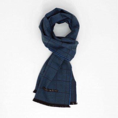 シルク起毛のリバーシブルマフラー　ウインドペン柄　blue