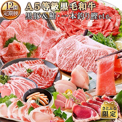 【さとふる限定】定期便(12ケ月)A5等級鹿児島産黒毛和牛・黒豚&まぐろ・一本釣りかつおetc