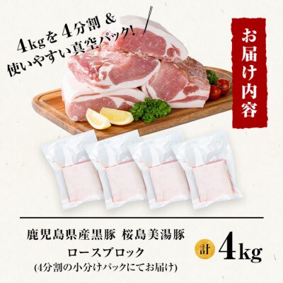 鹿児島県産黒豚 桜島美湯豚 ロースブロック 計4kg (4分割) 【大隅ミート産業】C3-0406