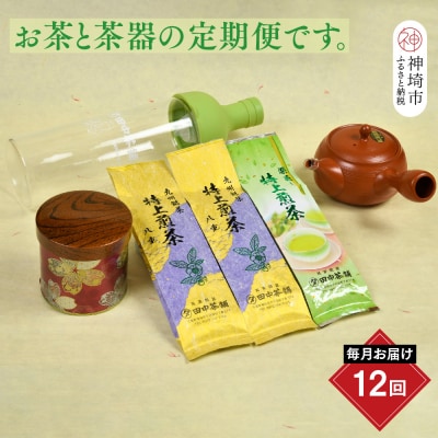 【毎月お届け12回】特上煎茶八重100g2本と季節の茶100g1本(急須付き)(H047113)