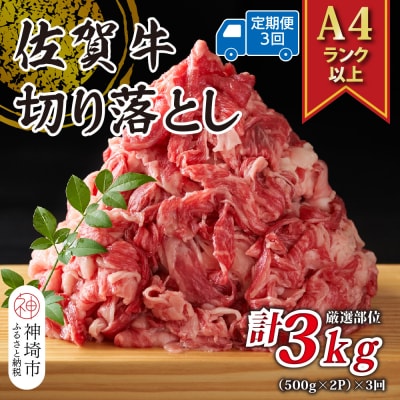 【3か月定期便】【A4～A5】佐賀牛切り落とし 1kg(小分け)×3回(H112178)