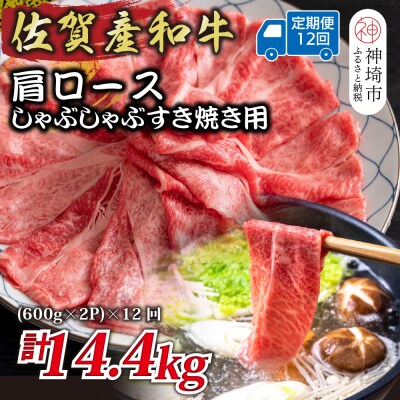 【12か月定期便】佐賀産和牛肩ロースしゃぶすき用 1.2kg(小分け)×12回(H112338)