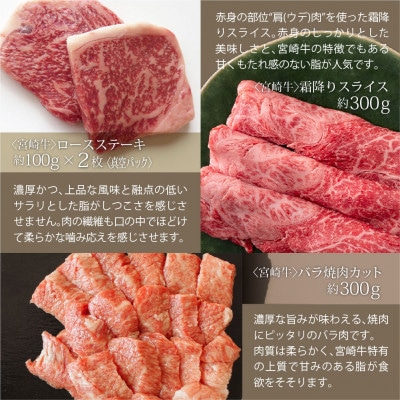 宮崎牛特上セット約800g(ロースステーキ100g×2・霜降りスライス300g・牛バラ焼肉300g)