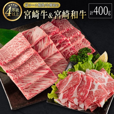 宮崎牛&宮崎和牛(肩ロース焼肉/小間切れ)計400g【B565】(新富町)