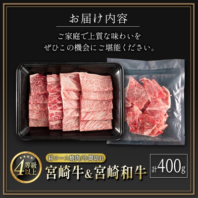 宮崎牛&宮崎和牛(肩ロース焼肉/小間切れ)計400g【B565】(新富町)