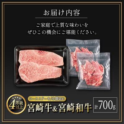 宮崎牛&宮崎和牛(ロースステーキ/小間切れ)計700g【C374】(新富町)