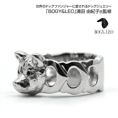 純プラチナ製(Pt999) 『柴犬』ブラックダイヤ入りリング 20号