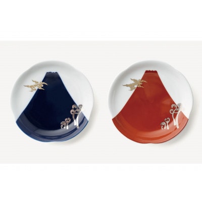 有田焼 深川製磁 瑠璃・赤富士白金蕨 ペア梅型5寸皿