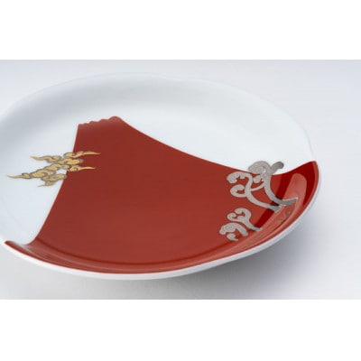 有田焼 深川製磁 瑠璃・赤富士白金蕨 ペア梅型5寸皿