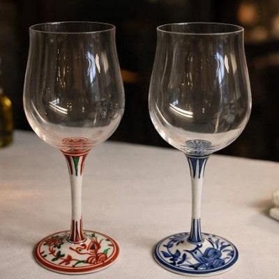 ハイレッグワイングラス(小)赤絵剣先万歴&染付万歴