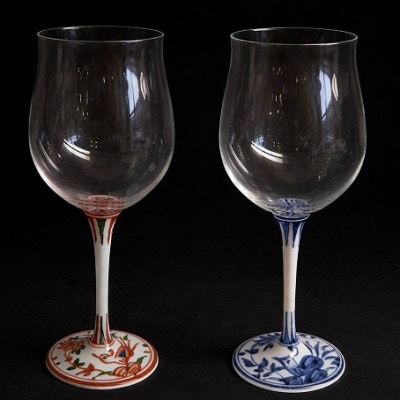 ハイレッグワイングラス(小)赤絵剣先万歴&染付万歴