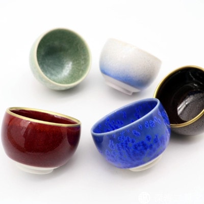 「宝石のような輝き 釉の妙技」特選ぐい呑み/5個セット/木箱入り(有田焼 深海三龍堂 真右エ門窯)